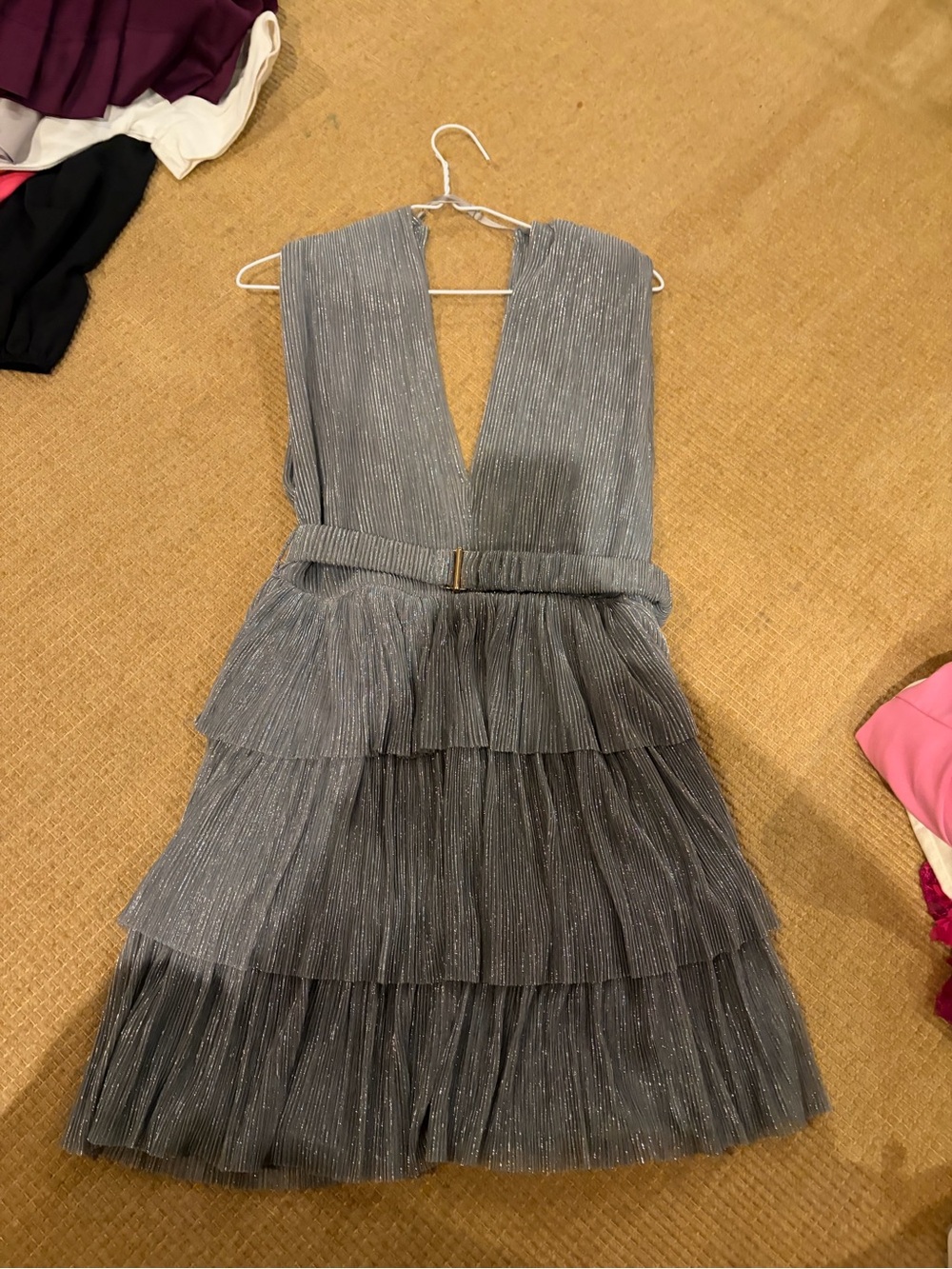 Sleeveless Silver-Gray V-Neck Tiered Mini Dress